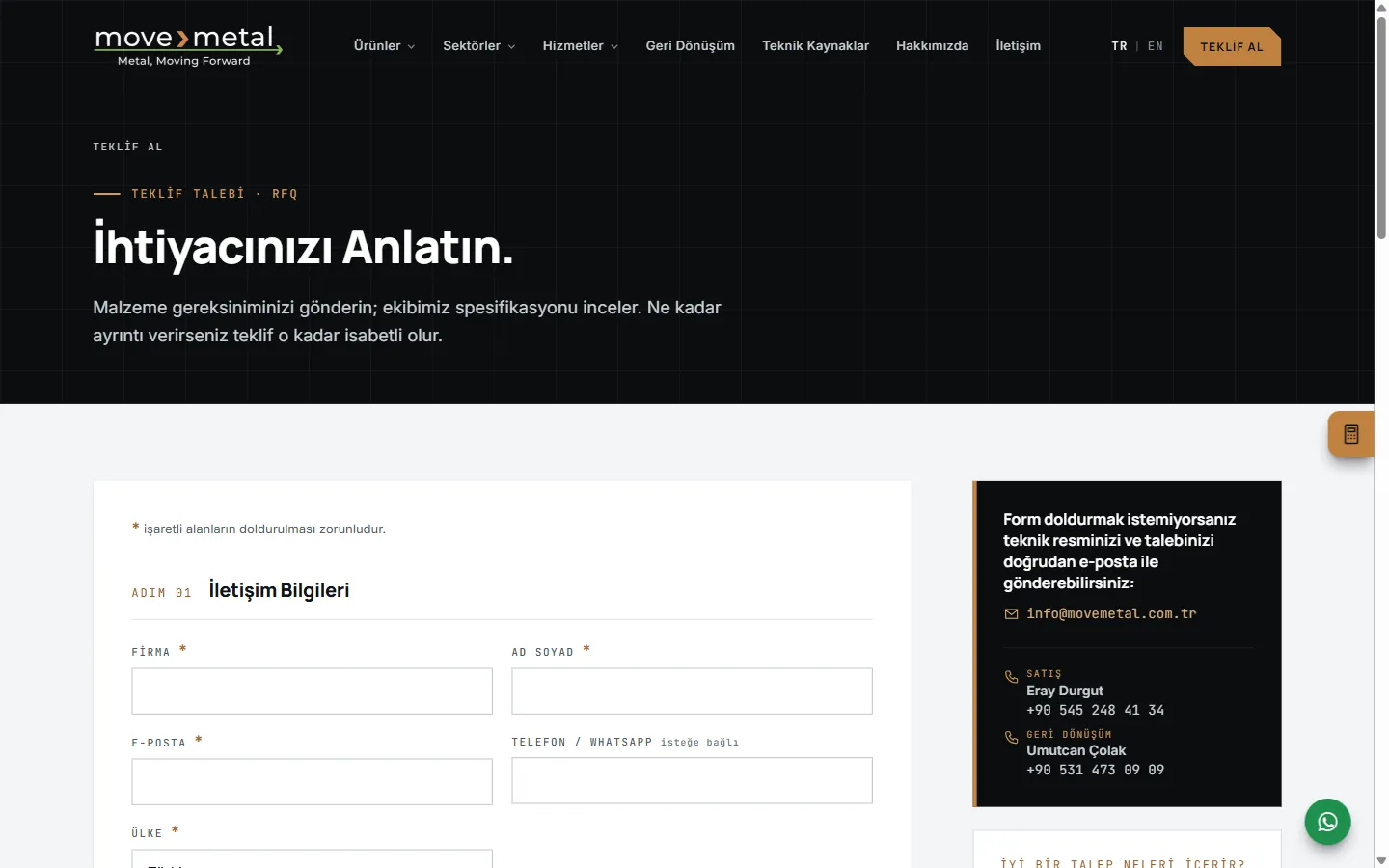 Teklif talebi formu